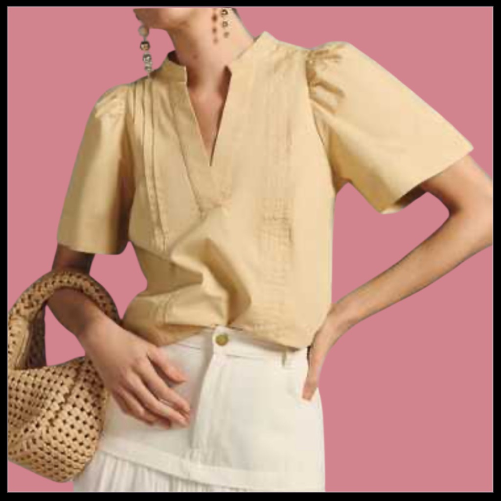 Anthropologie Beige Puff Sleeve Cotton Blouse